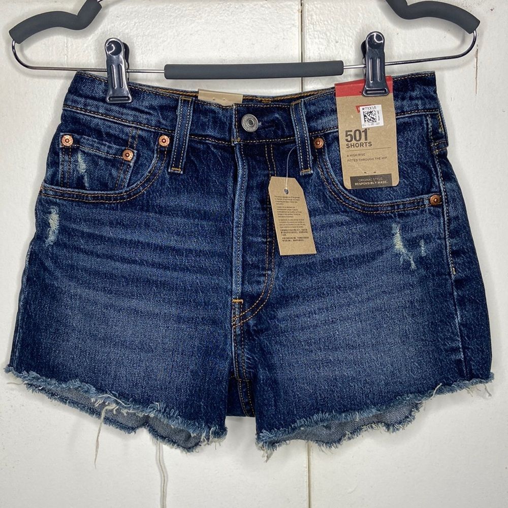 levis 501 Womens Size 25 High Waisted Dark Wash Cut Off Distressed Denim Shorts